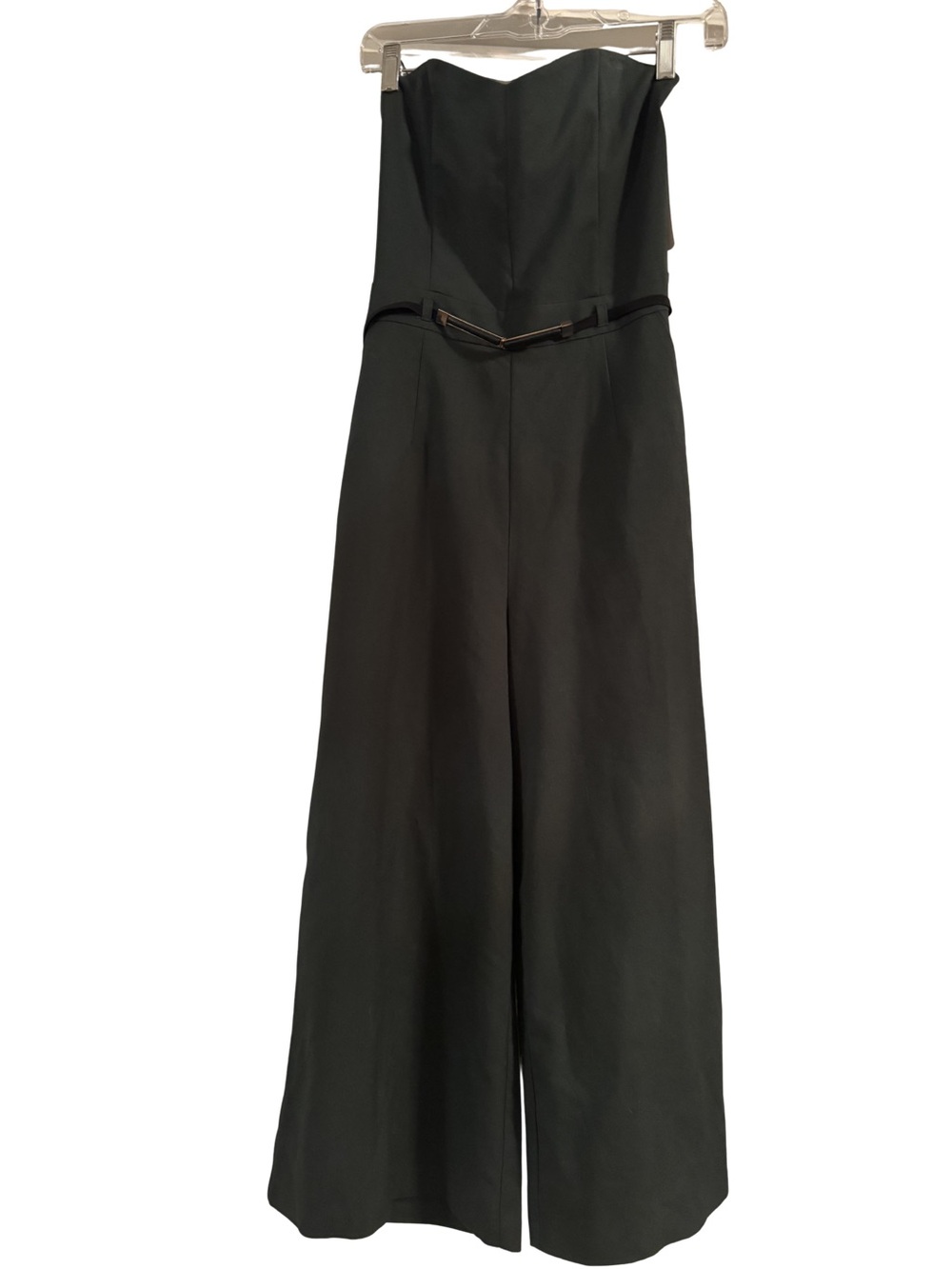 Strapless Wide-Leg Dark Green Jumpsuit with Slim Black Waist Belt